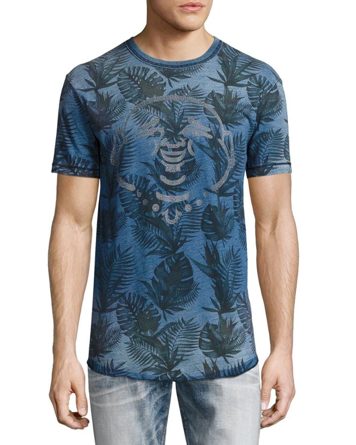 Buddha Tropical Palm-print T-shirt, Indigo
