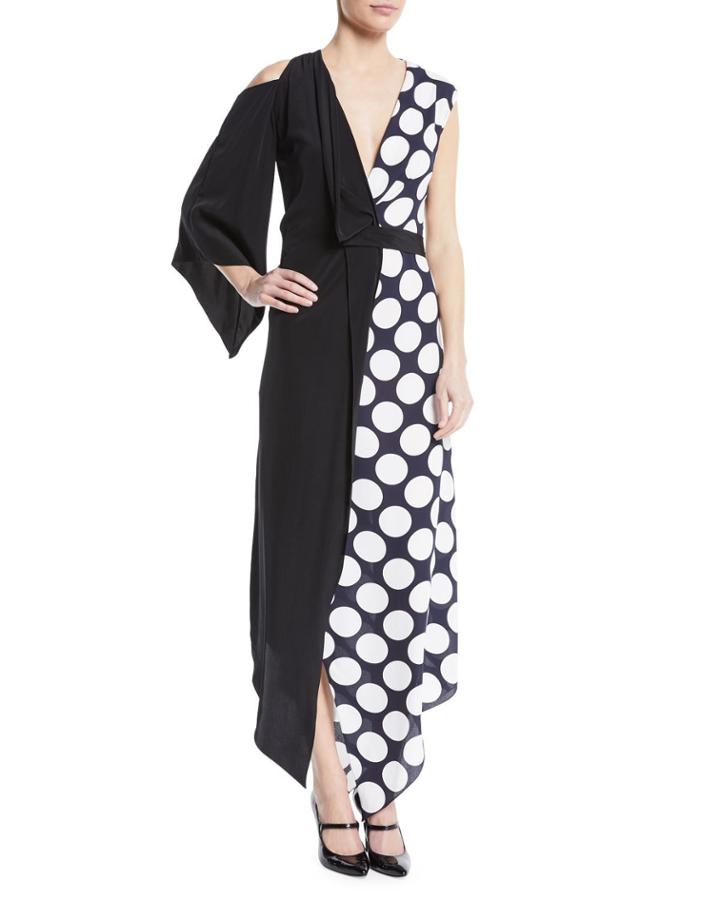 V-neck Draped One-sleeve Asymmetric Polka-dot Cocktail Dress