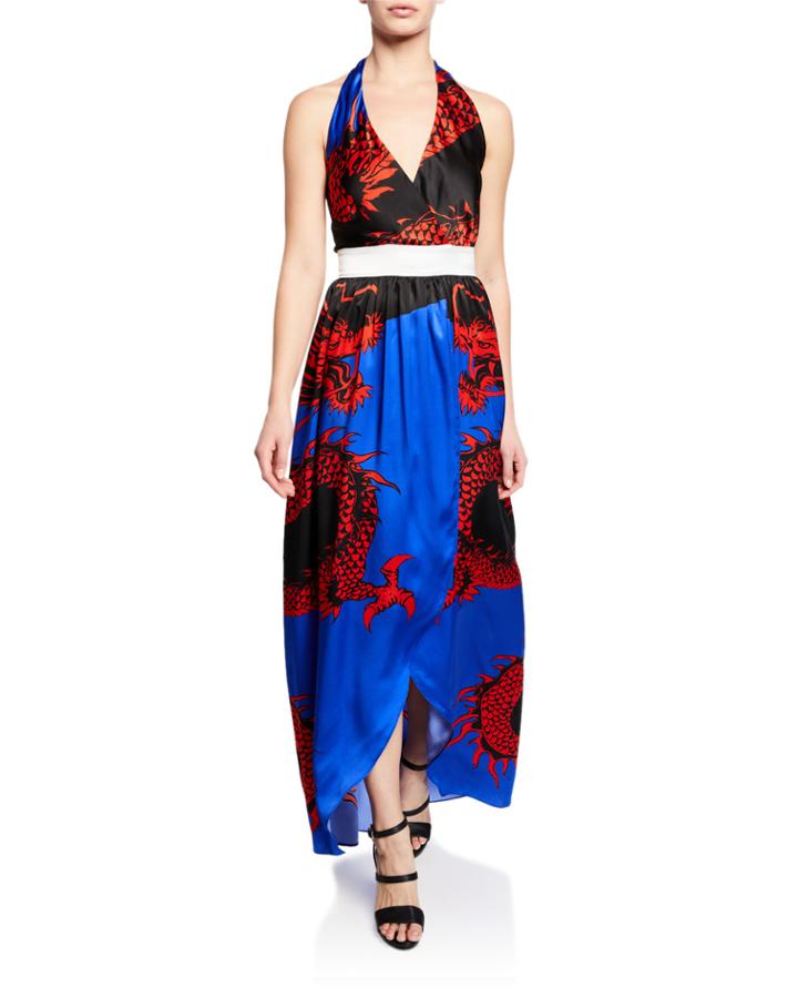 Dragon-print Silk Halter Coverup Dress