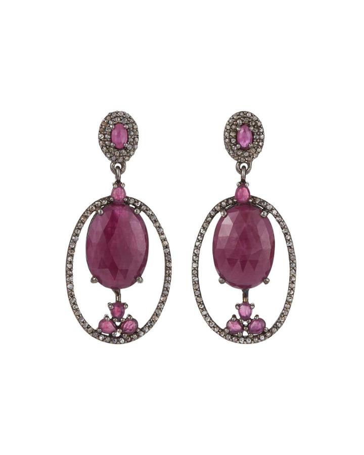 Glass Ruby Oval & Diamond Hoop-drop Earrings