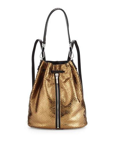 Cynnie Embossed Leather Drawstring Backpack, Bronze