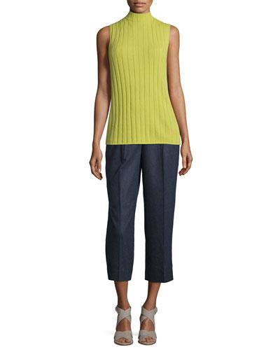 Sleeveless Mock-neck Ribbed Cashmere Top