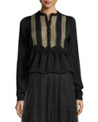 Crochet-lace Bib Long-sleeve Blouse