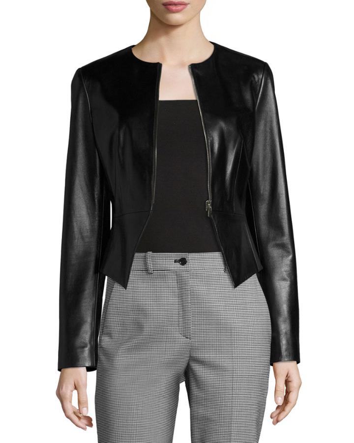 Modern Leather Peplum Jacket, Black