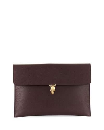 Skull-clasp Leather Envelope Clutch Bag, Burgundy