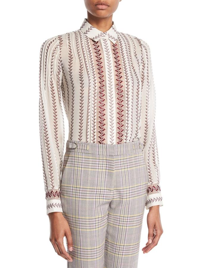 Celiana Button-front Long-sleeve Boot-print Silk Chiffon Blouse