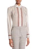 Celiana Button-front Long-sleeve Boot-print Silk Chiffon Blouse