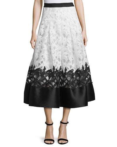 Colorblock Lace Jacquard Midi Skirt, Ivory/jet