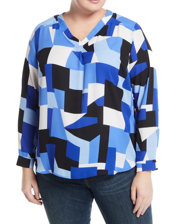 Geometric Print V-neck Blouse,