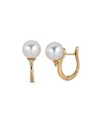 14k Gold Classic Pearl Huggie Earrings W/ Diamonds