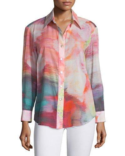 Button-front Watercolor-print Blouse,