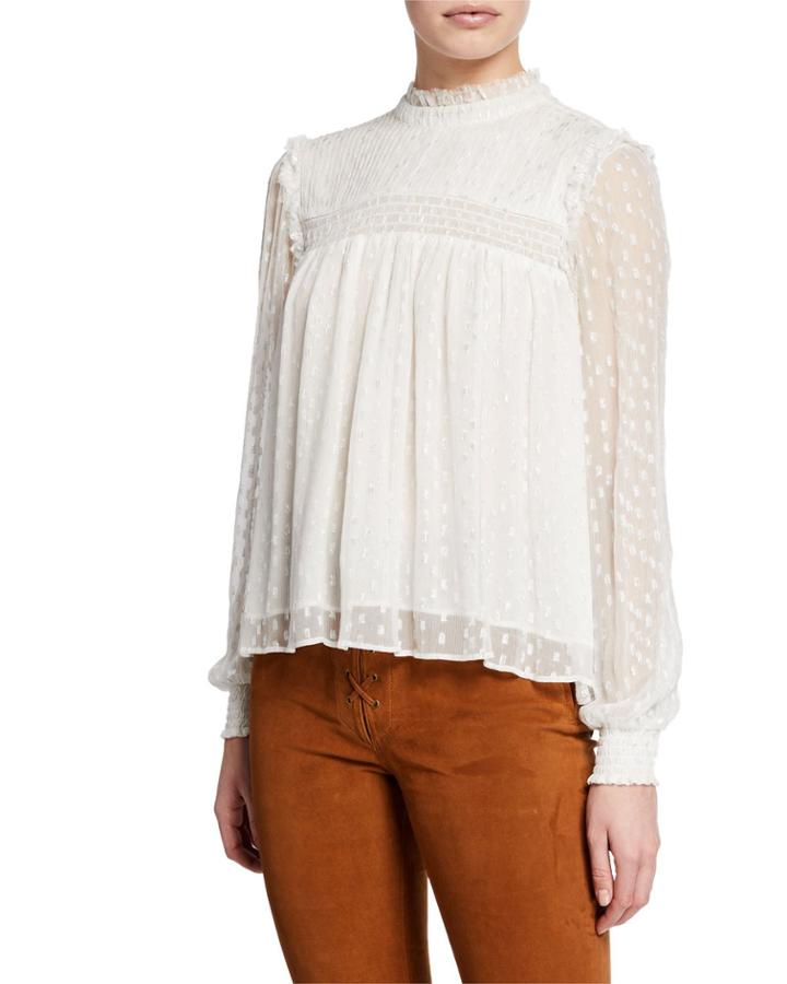 Smocked High-neck Metallic Long-sleeve Top