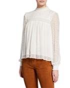 Smocked High-neck Metallic Long-sleeve Top