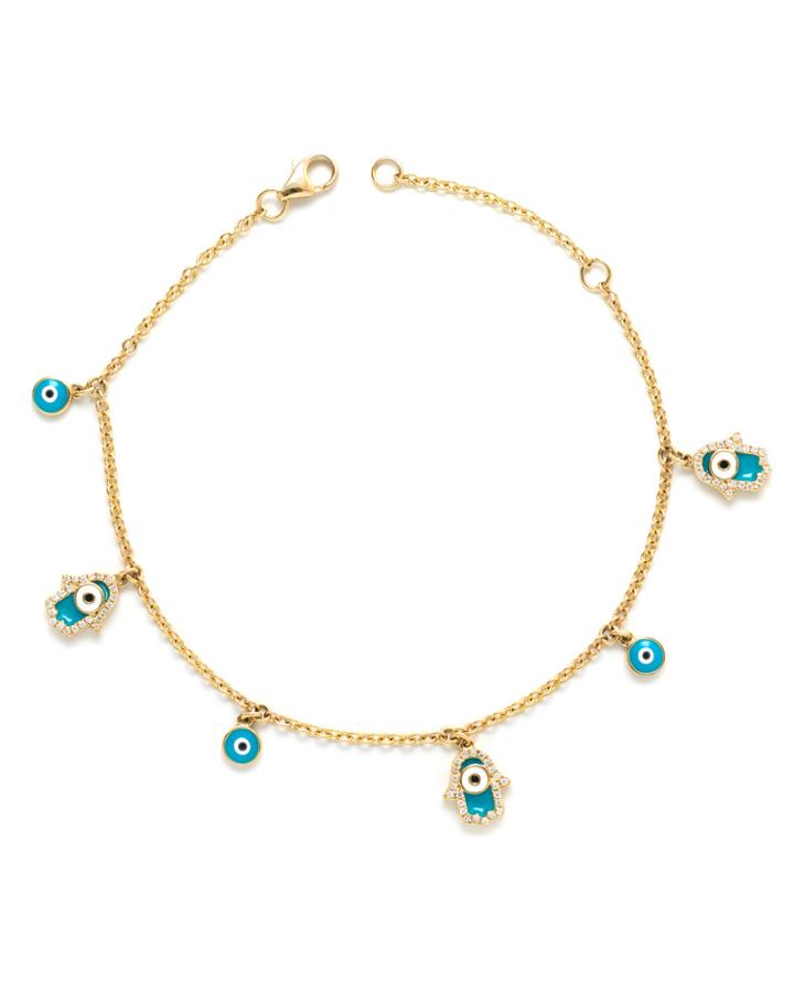 14k Yellow Gold Hamsa Charm Bracelet With Diamonds & Enamel