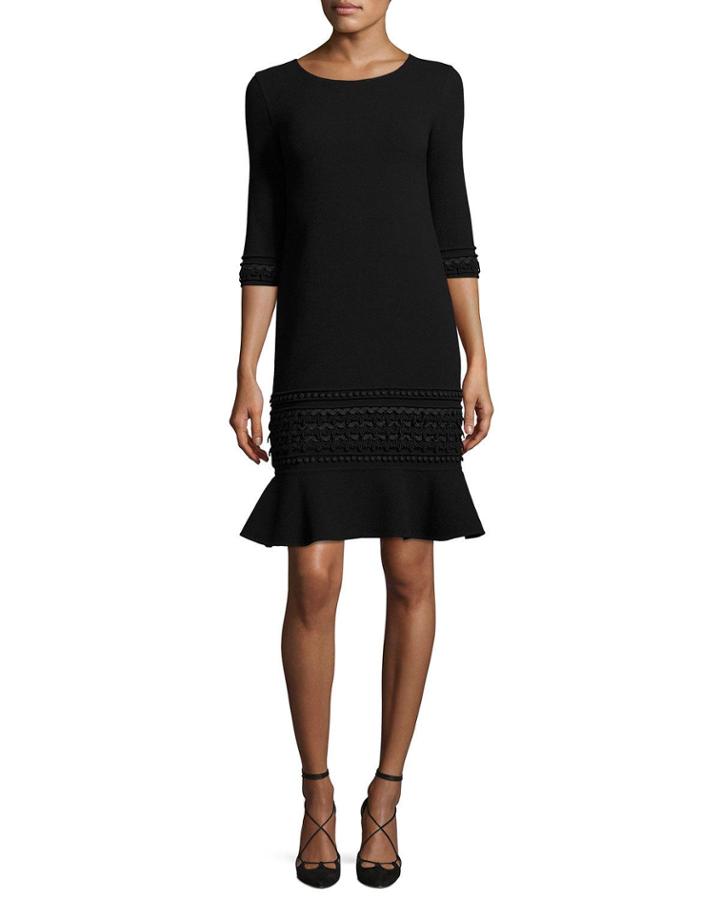 3/4-sleeve Embroidered Flounce-hem Dress, Black