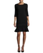 3/4-sleeve Embroidered Flounce-hem Dress, Black