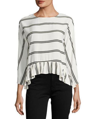 Ruffled-hem Striped Top, White/black