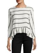 Ruffled-hem Striped Top, White/black