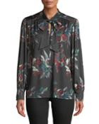 Long-sleeve Floral-print Blouse With Neck Tie