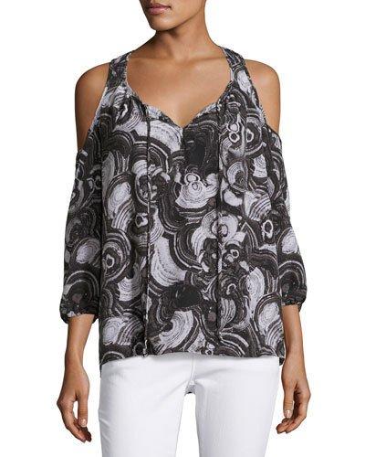 Cold-shoulder Tie-front Blouse, Gray Pattern
