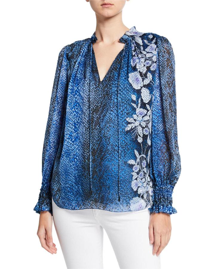 Zeina Snake-print Blouson-sleeve Blouse