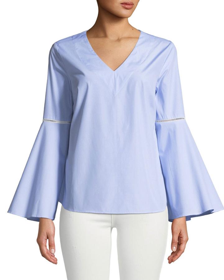 Pinstriped V-neck Bell-sleeve Blouse