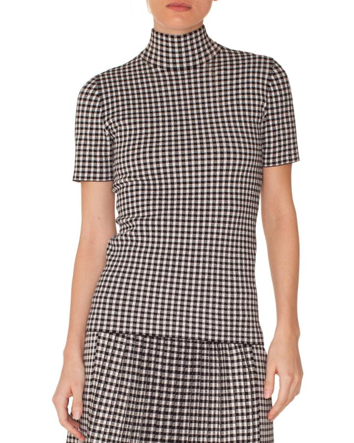 Turtleneck Short-sleeve Check Knit Top