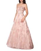 Glittered Embroidered Strapless Ball Gown