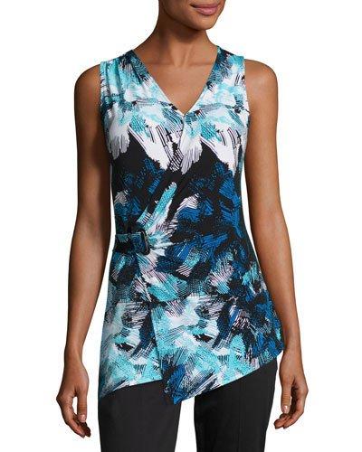 Faux-wrap Grommet Drape Top, Blue Pattern