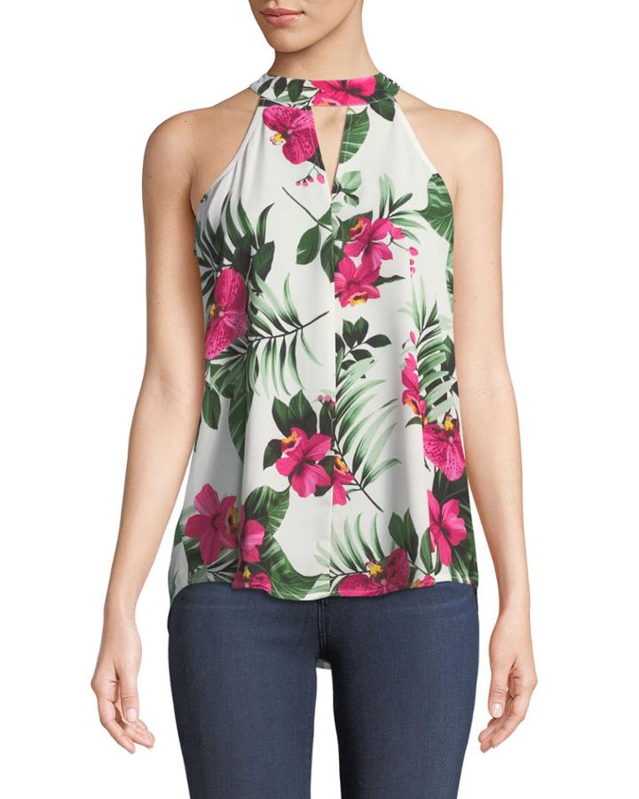 Tropical Floral High-neck Sleeveless Blouse