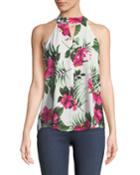 Tropical Floral High-neck Sleeveless Blouse
