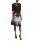 Elbow-sleeve Cocktail Dress With Lace Top &