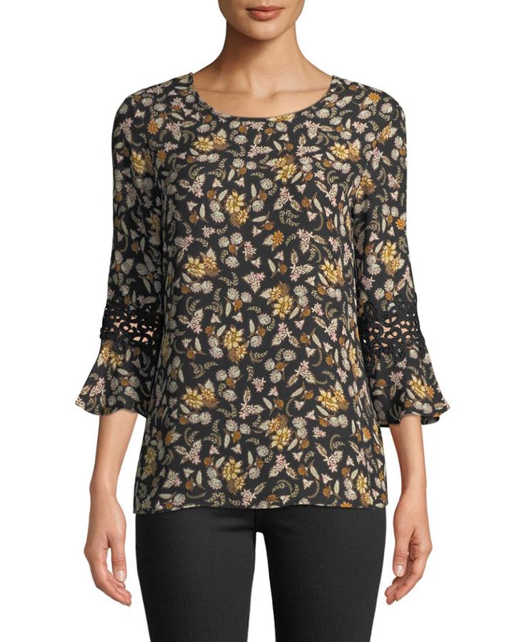 Bell-sleeve Floral Print Blouse W/