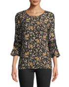 Bell-sleeve Floral Print Blouse W/