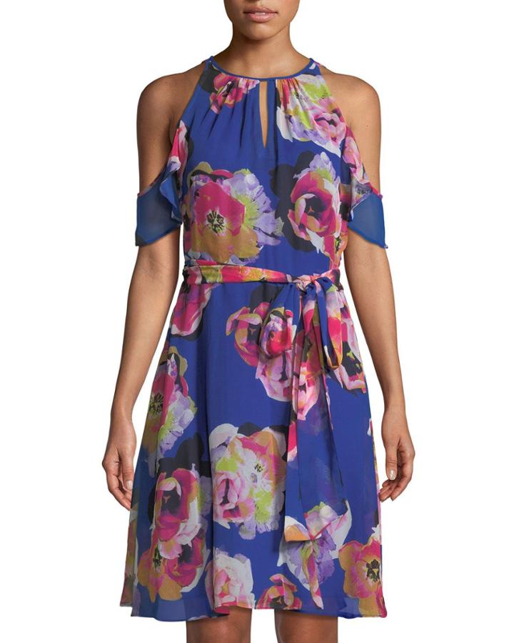 Floral Cold-shoulder Belted Chiffon Dress