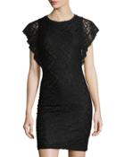 Flutter-sleeve Lace Dress, Black