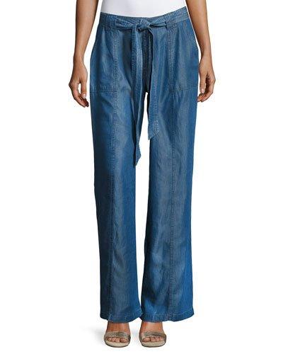 High-waist Wide-leg Chambray Pants, Blue