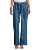 High-waist Wide-leg Chambray Pants, Blue