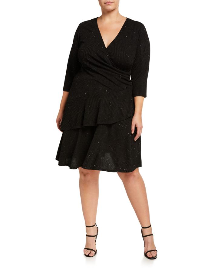 Plus Size Wrap Glitter Knit Ruffle Dress