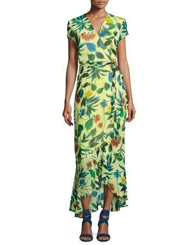 Floral-print Chiffon Faux-wrap Dress, Yellow Pattern