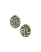 Silver Oval Stud Earrings With Chrysoprase & Diamonds
