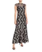 Raven Floral-lace Overlay Cap-sleeve Illusion Dress