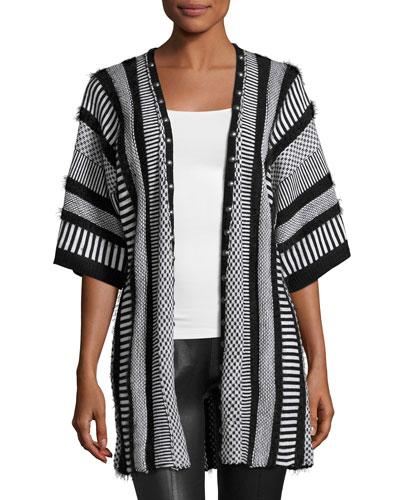 Multipattern Knit Cardigan With Studded Trim, Black/white