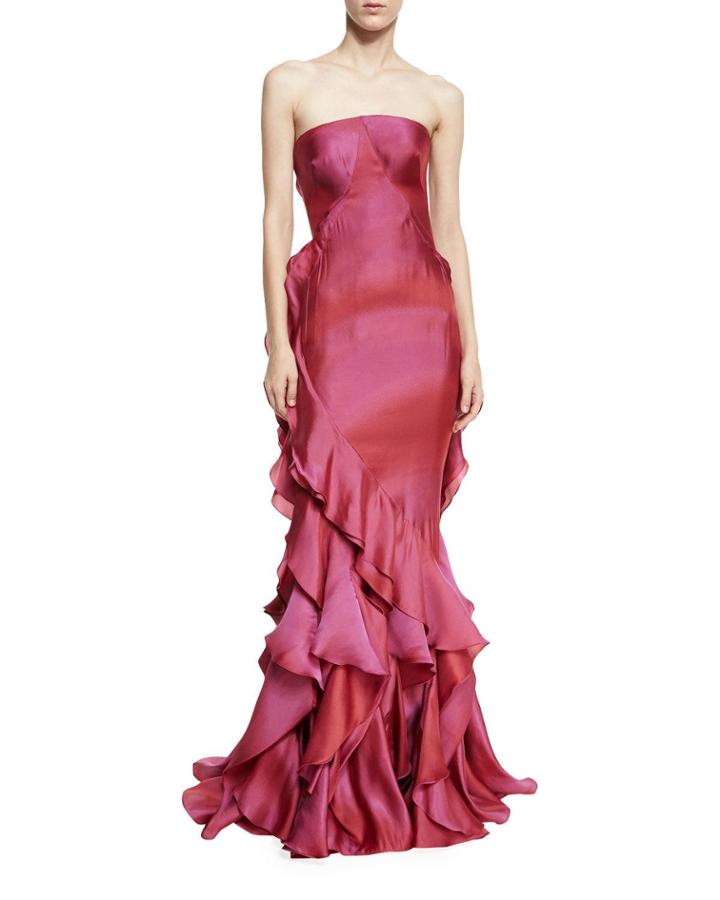 Strapless Ruffled Mermaid Gown, Raspberry