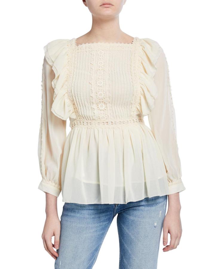 High-neck Long-sleeve Pintuck Lace-trim Peplum Ruffle Top