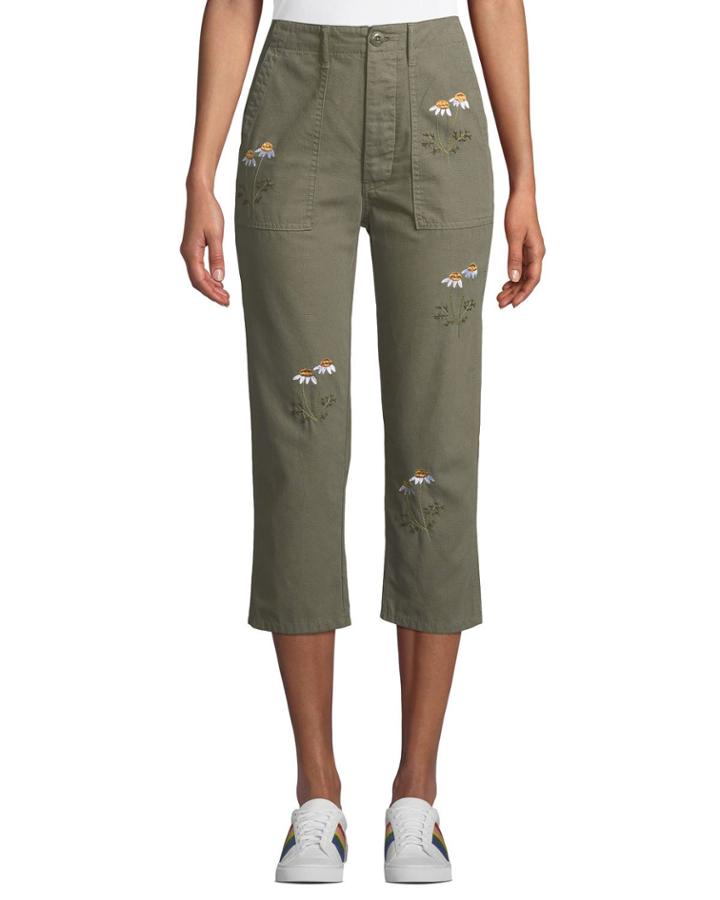 Embroidered Straight-leg Cropped Army Pants
