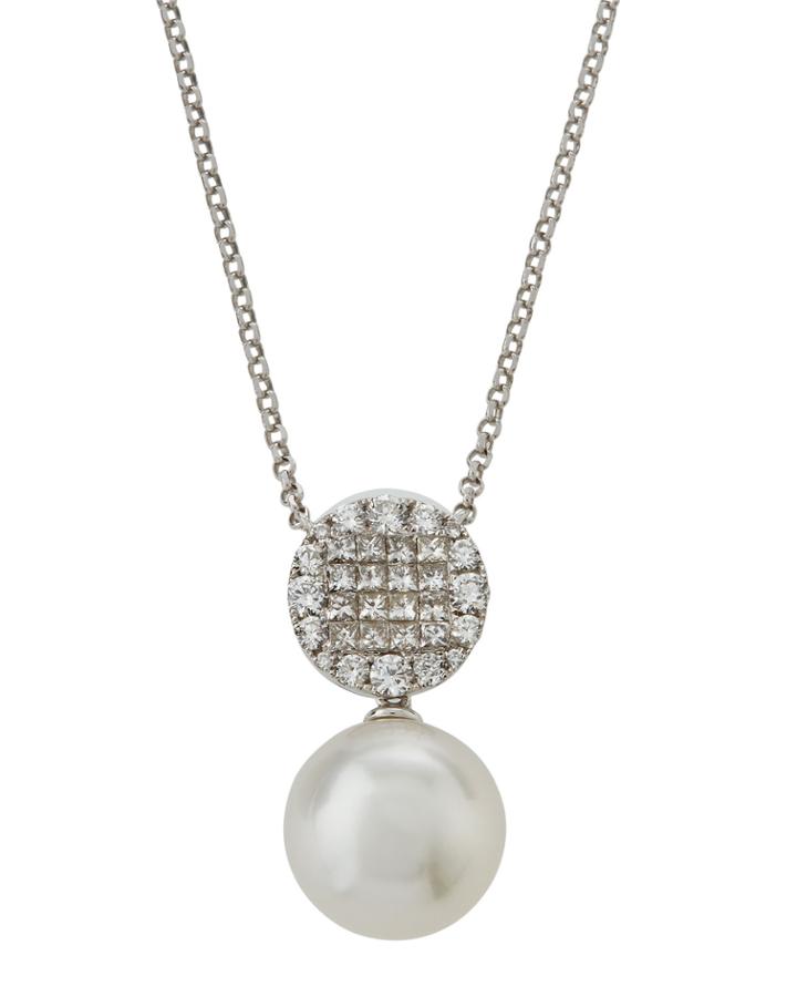 18k White Gold Diamond Disc & Pearl Pendant Necklace