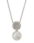 18k White Gold Diamond Disc & Pearl Pendant Necklace