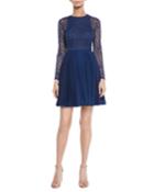Crewneck Bracelet-sleeve Illusion Lace Mini Dress W/ Pleated