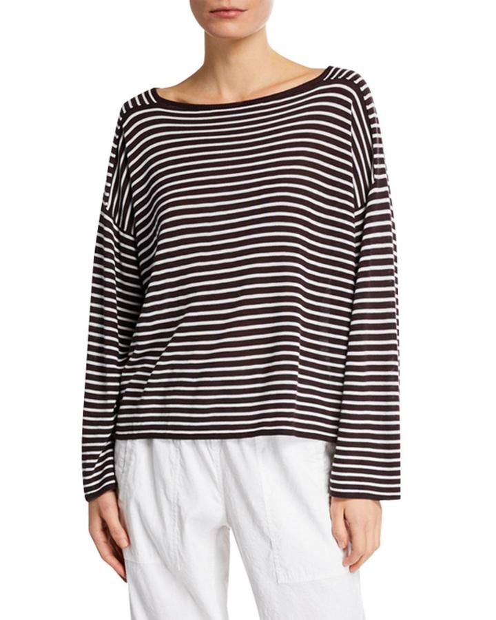 Plus Size Bateau-neck Striped Long-sleeve